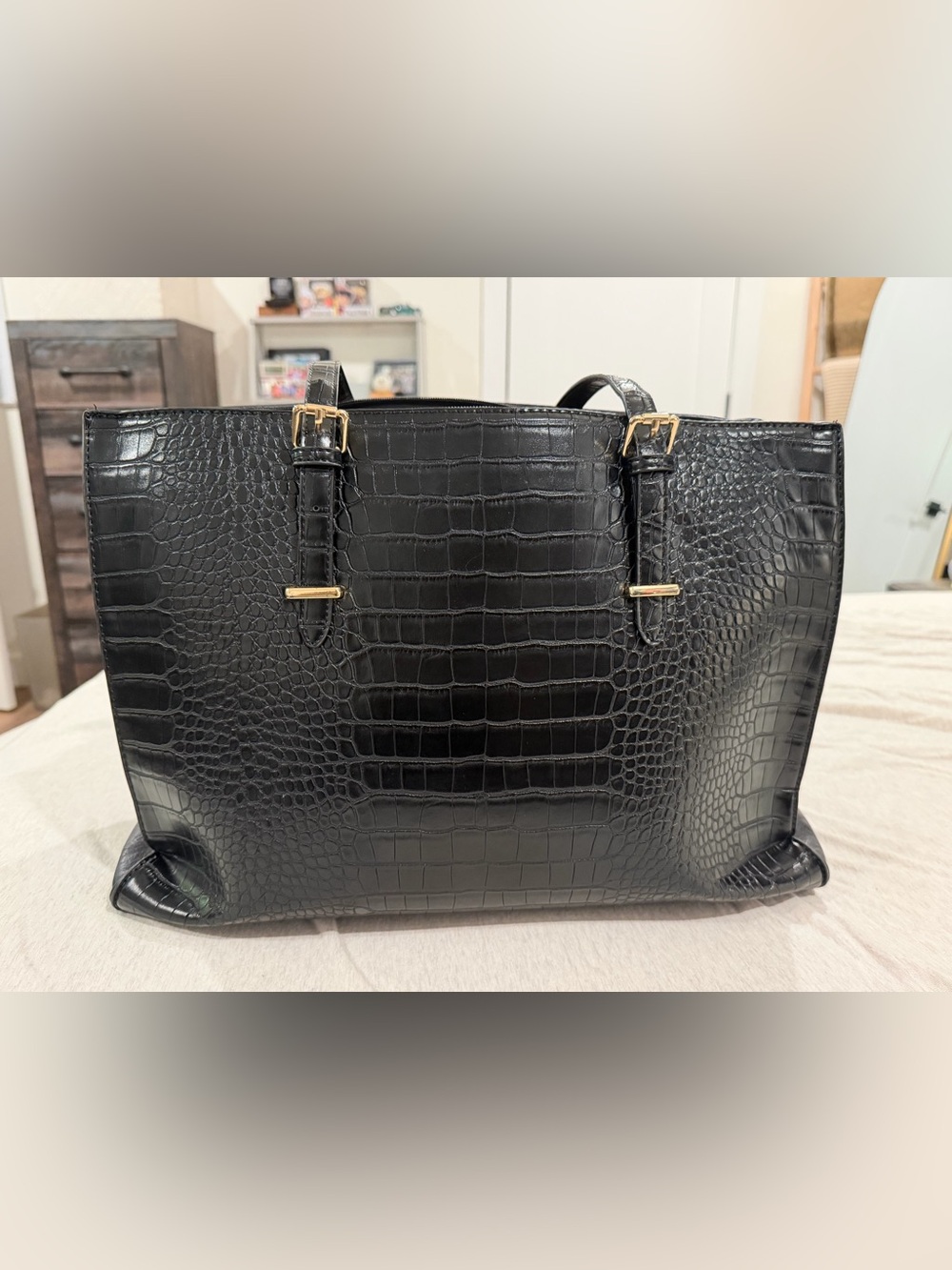 Amazon Black Croc-Embossed Tote with Gold Accents